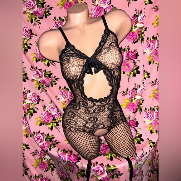 Black lace peephole bodysuit stockings fishnet steampunk corset Pinup doll I3